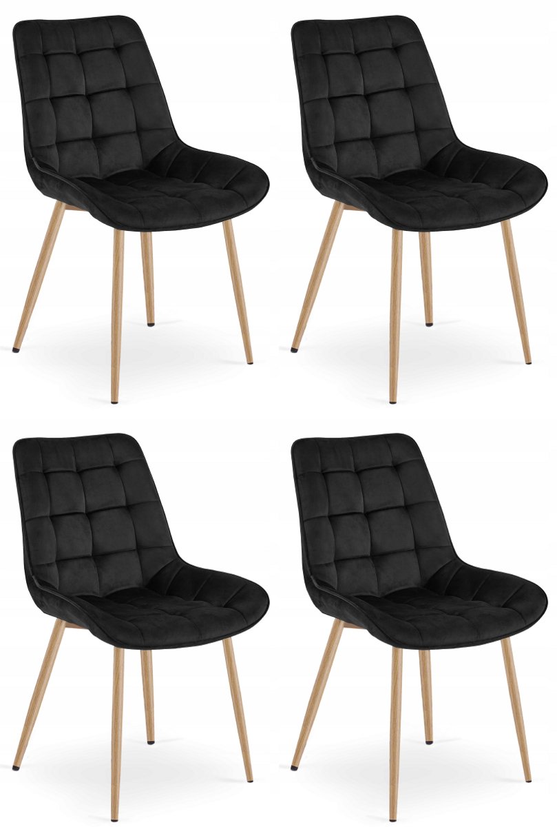 LEOBERT Set van 4 Eetkamerstoelen BERA – Zwart Velvet / Fluweel – Gestoffeerde Zitting – Metalen Poten in Eikenlook – Modern Scandinavisch Design – Voor Eetkamer, Keuken en Woonkamer