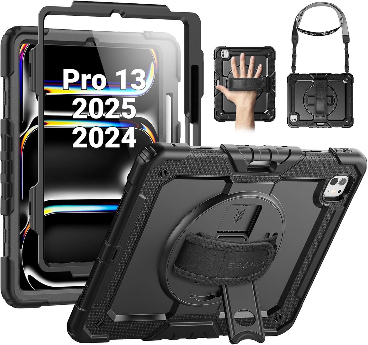 SnelShoppen - Shockproof iPad Pro 13" 2024 Case met 360° Rotating Hand Strap, Kickstand, Screen Protector, Pen Holder en Schouderband - Zwart