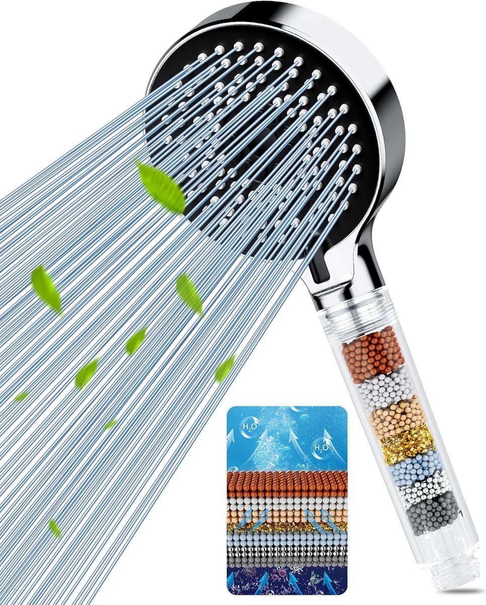 SnelShoppen - Douchekop met filter en 5 straalsoorten | Hogedruk douchekop met universeel hardwaterfilter voor het verwijderen van chloorresten