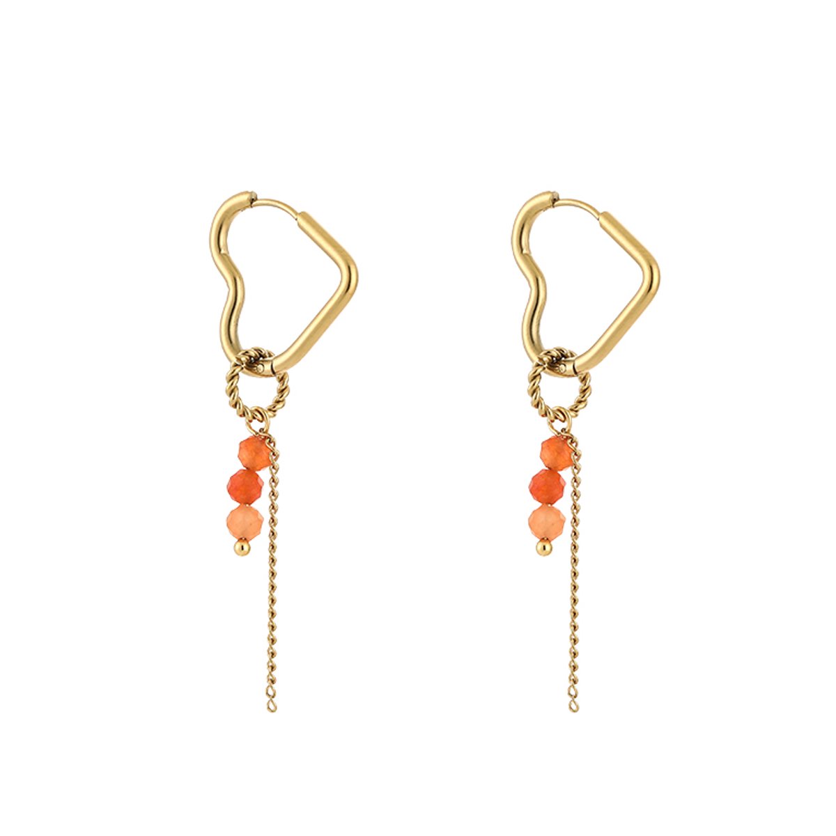 Stainless Steel Hartvormige Oorringen met Kralen en Kettinkje – Romantische & Trendy Oorhangers – RVS - Goud/Oranje