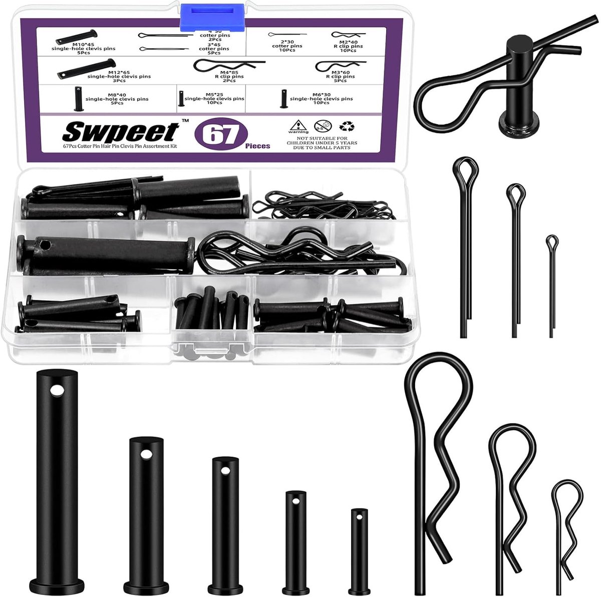 SnelShoppen - 67-delige Clevis Pins Assortiment Kit met Cotter Pins, R Pins en Split Pins - 5 Maten voor Auto's, Tuinmachines en Meer - Hoge Kwaliteit