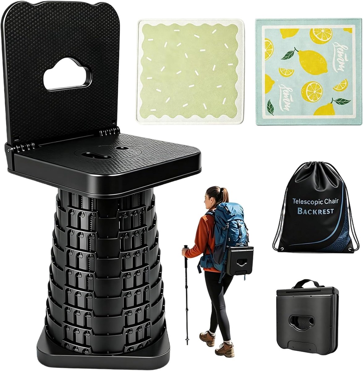 SnelShoppen - Telescopische Klapkruk met Rugleuning, Extra Dikke Gevoerde Zitting, Opvouwbare Outdoorstoel voor Volwassenen, Zithoogte 45 cm, Inclusie