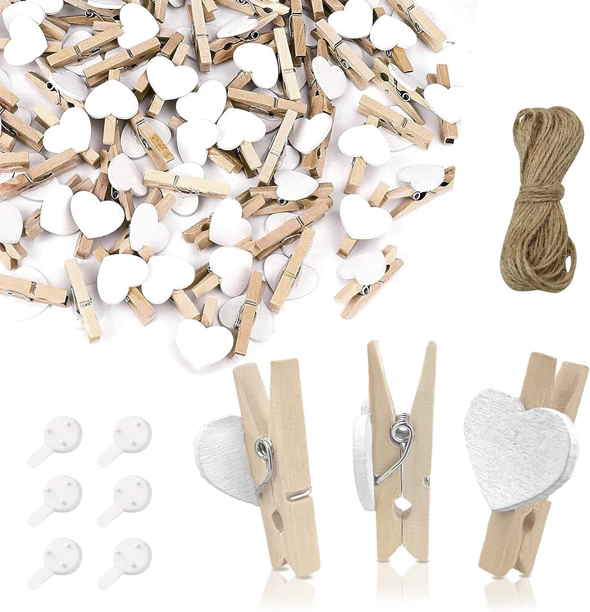 SnelShoppen - Andiker Mini Houten Clips met Jute Touw, 50 Stuks Decoratieve Klemmen voor Foto's, Kaarten, Bruiloften en Feestjes, Natuurlijke Houtkleu