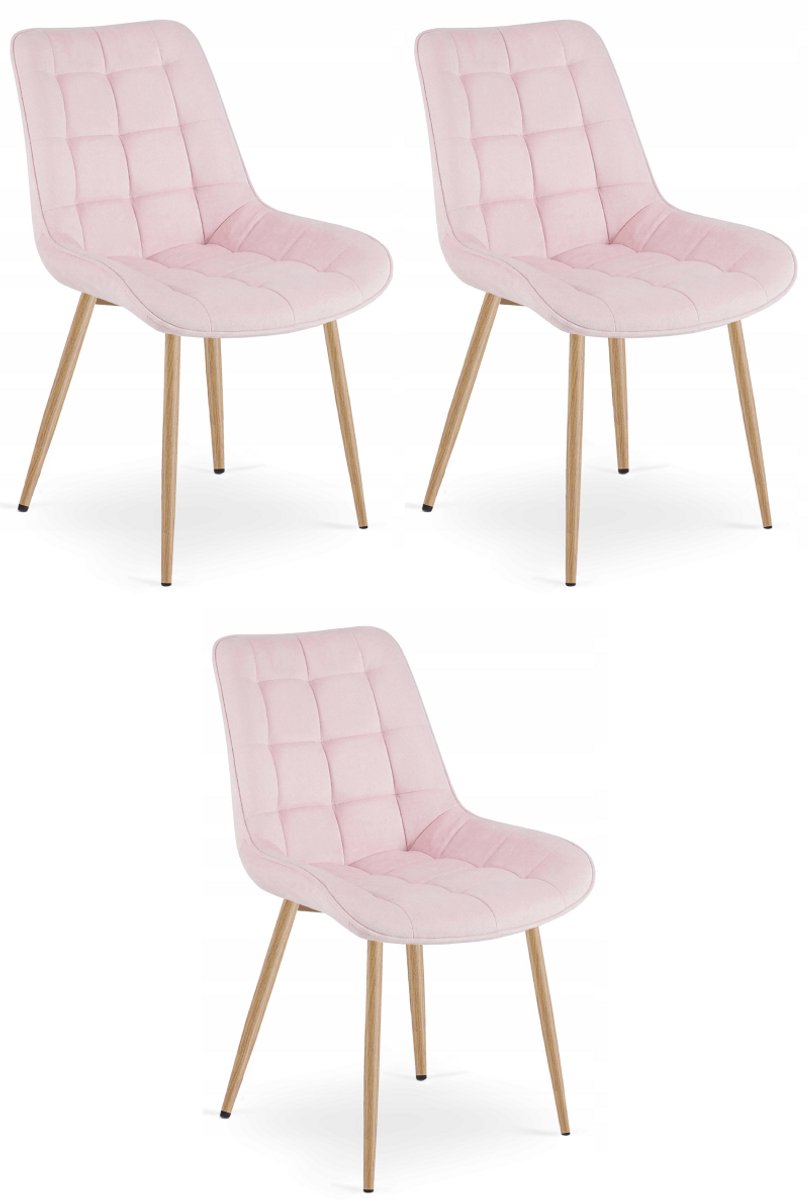 LEOBERT Set van 3 Eetkamerstoelen BERA – Lichtroze Velvet / Fluweel – Gestoffeerde Zitting – Metalen Poten in Eikenlook – Modern Scandinavisch Design – Voor Eetkamer, Keuken en Woonkamer