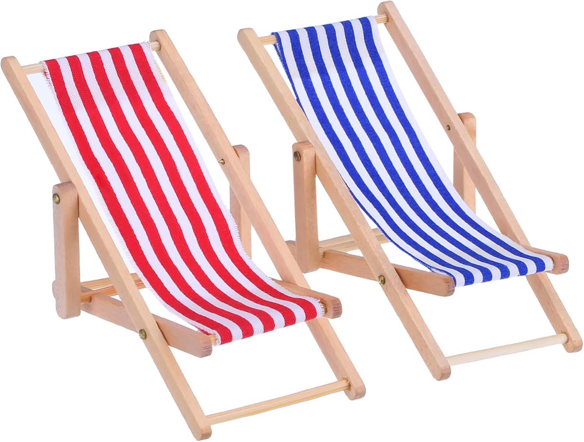 SnelShoppen - 2x Miniature Vouwbare Houten Strandstoel - Chaise Longue - Mini Meubilair Accessoires - Rood/Blauw Gestreept - Voor Binnen en Buiten
