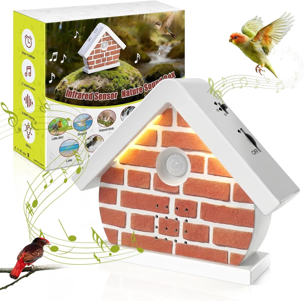 SnelShoppen - Bird Song Box met Bewegingssensor, Natuurlijke Vogelgeluiden met Licht en Timer, 11 Ontspannende Geluiden voor Badkamer, Spa, Toilet en
