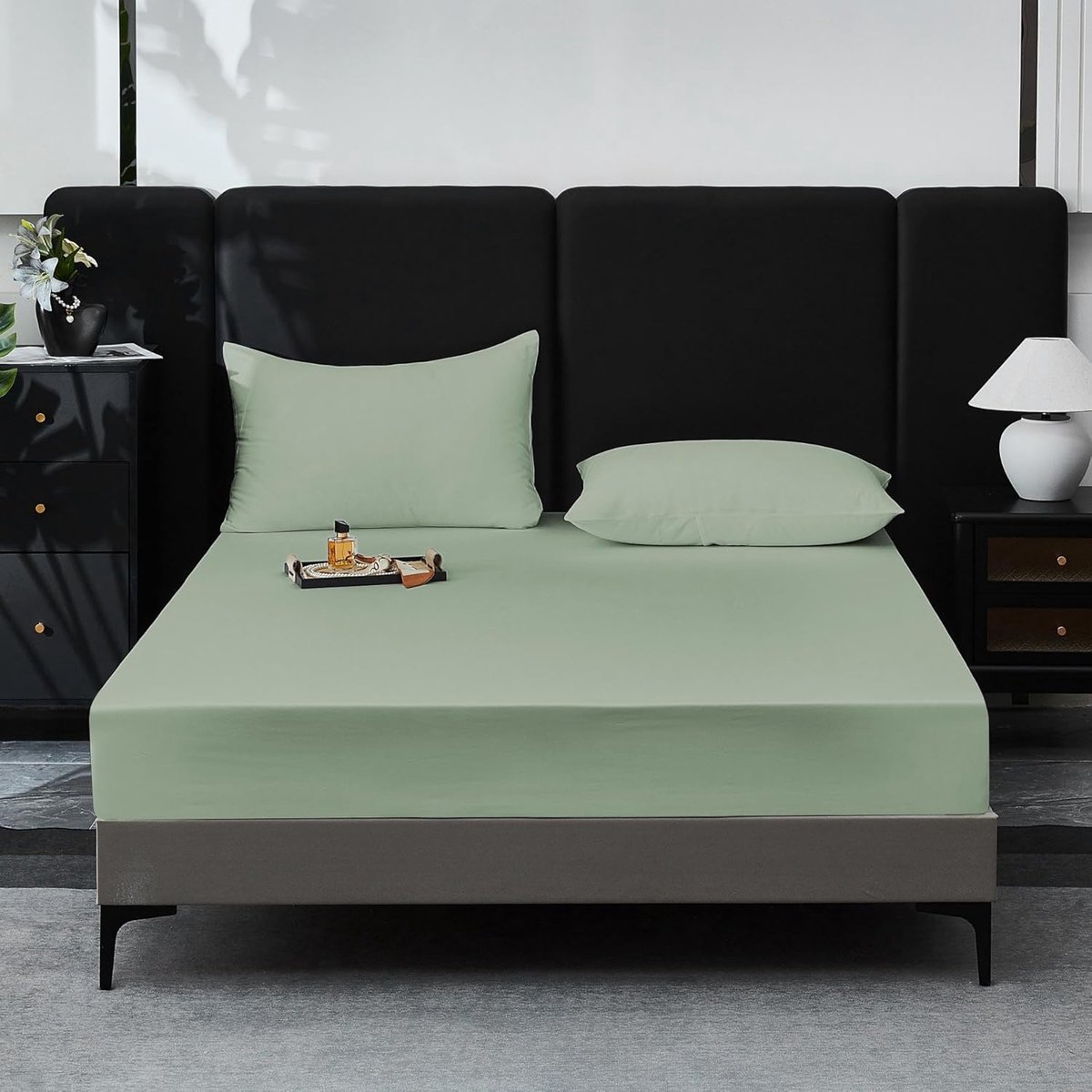 SnelShoppen - Fitted Sheet 140 x 200 cm Katoen Satijn Sage Groen - 100% Lange Stapel Katoen - Ademend en Koelend - Geschikt voor Matrassen tot 30 cm