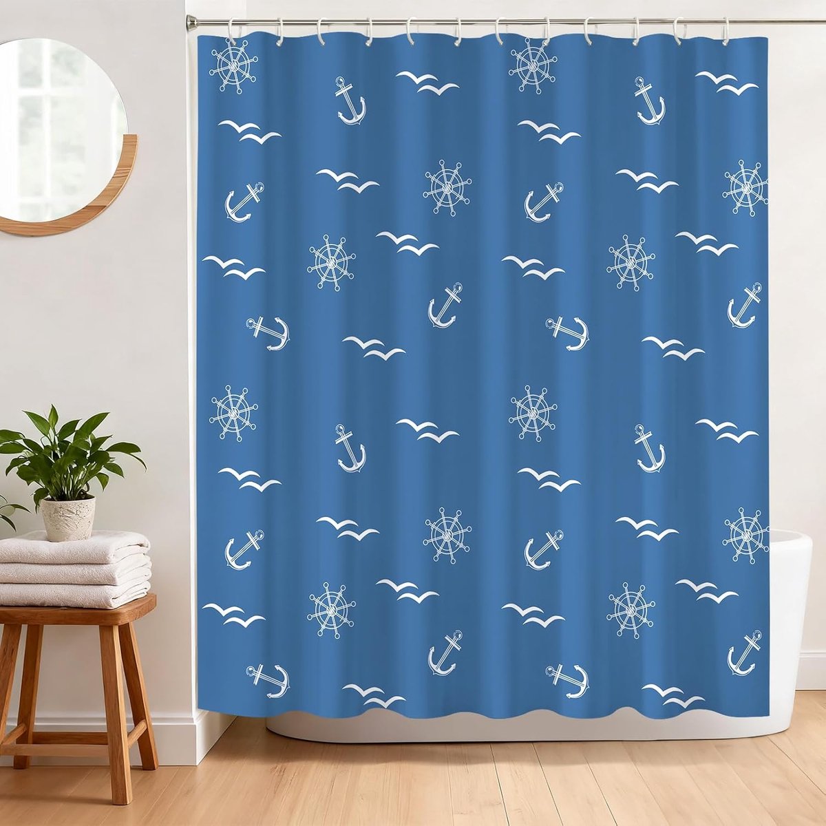 SnelShoppen - Nautisch Douchegordijn 180 x 180 cm Waterdicht Polyester Scheepswiel & Wilde Ganzen - Schimmelbestendig Badgordijn met 12 Haken voor Bad