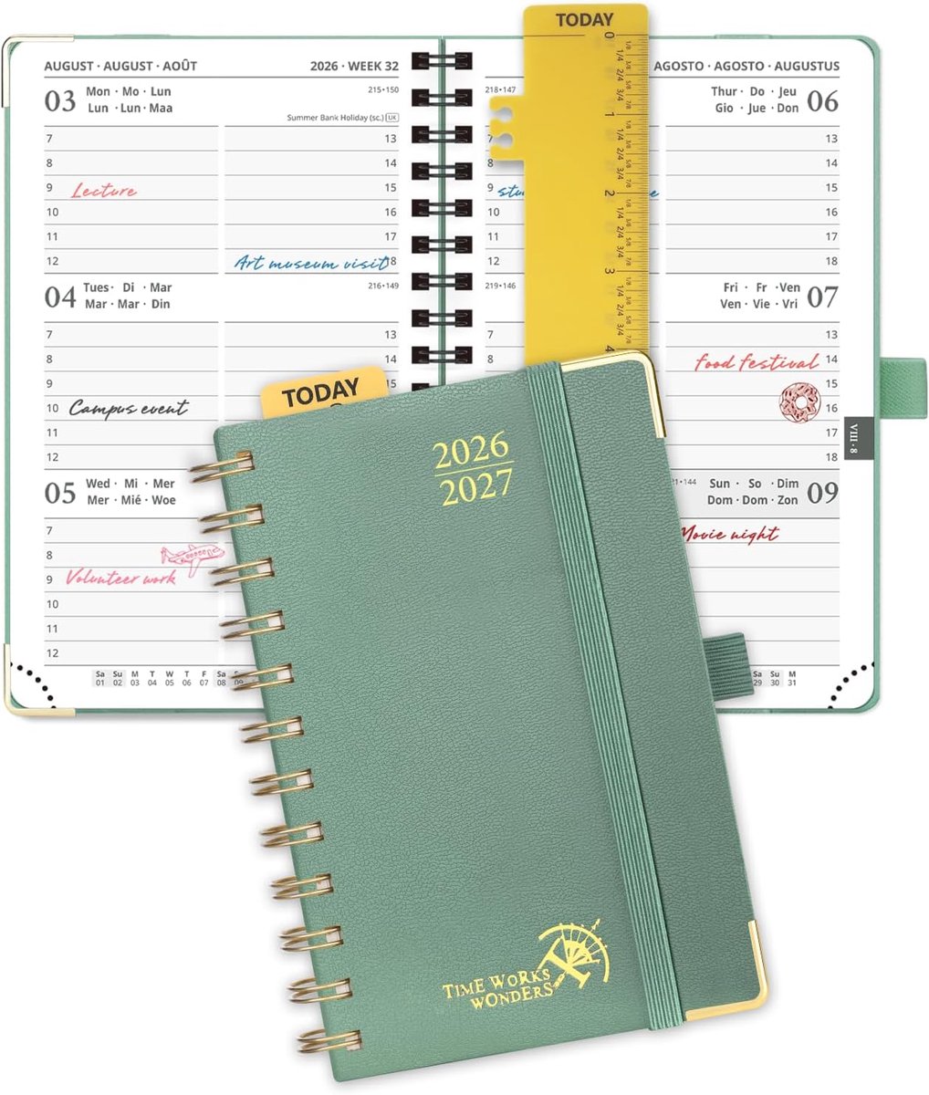 SnelShoppen - Pocket Agenda 2026 2027 A6 Weekly Planner 17 maanden - Spiraalbinding, Hard Cover, 80 GSM Papier - Middernachtgroen - Perfect voor Schoo