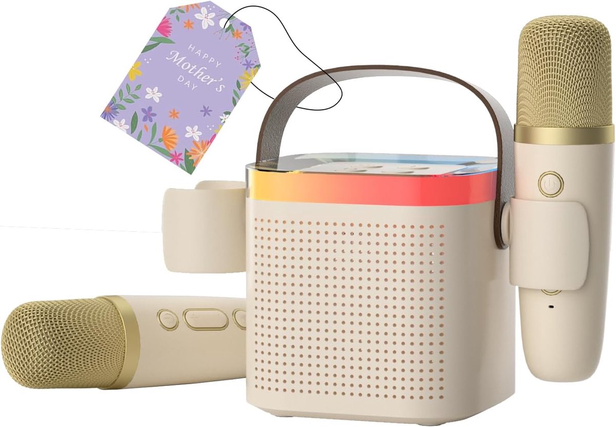 SnelShoppen - Karaoke Machine met 2 Microfoons, Draagbare Bluetooth Karaoke Speaker, Microfoon Set met Stemverandering en LED Licht, Perfecte Verjaard