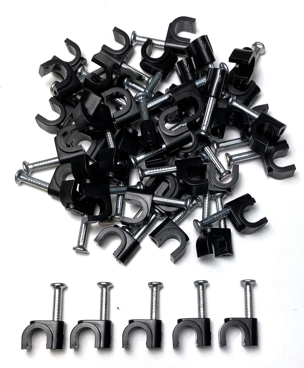 Thijox - Set van 50 Ronde Zwarte Kabelclips met Sterke Nagels - Duurzaam en Veelzijdig voor Kabelbeheer - 6 mm - Ideaal voor Binnen en Buiten