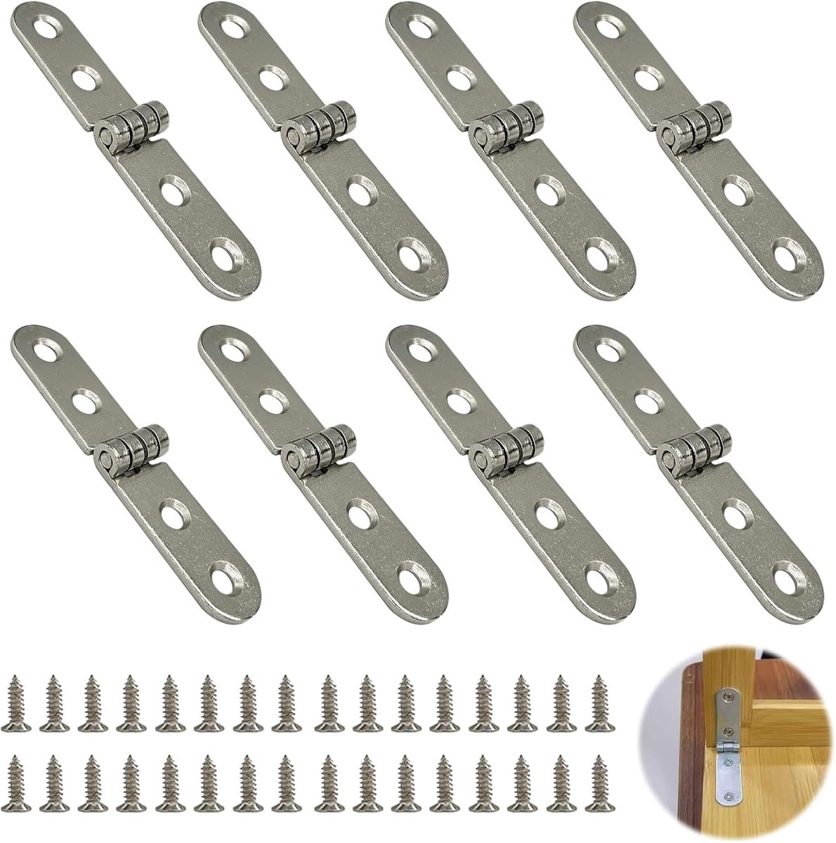SnelShoppen - 8 Stuks Kleine 180° Vouwscharnieren, RVS, Inclusief 32 Schroeven, Voor Deur, Raam, Vouwtafel, Kasten, Meubels, Wit-Nikkel