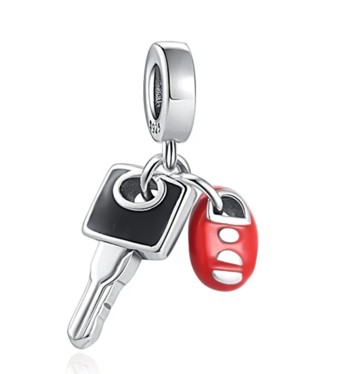 Fler® | Bedel | Past op populaire bedelarmbanden (standaard - 3mm) | Autosleutel Bedel | Hangbedel Charm | 925 sterling zilver | Zwarte & rode emaille | Valentijnsdag Cadeau | Sinterklaas kado | Kerstcadeau | Verjaardagsgeschenk | Vriendschap