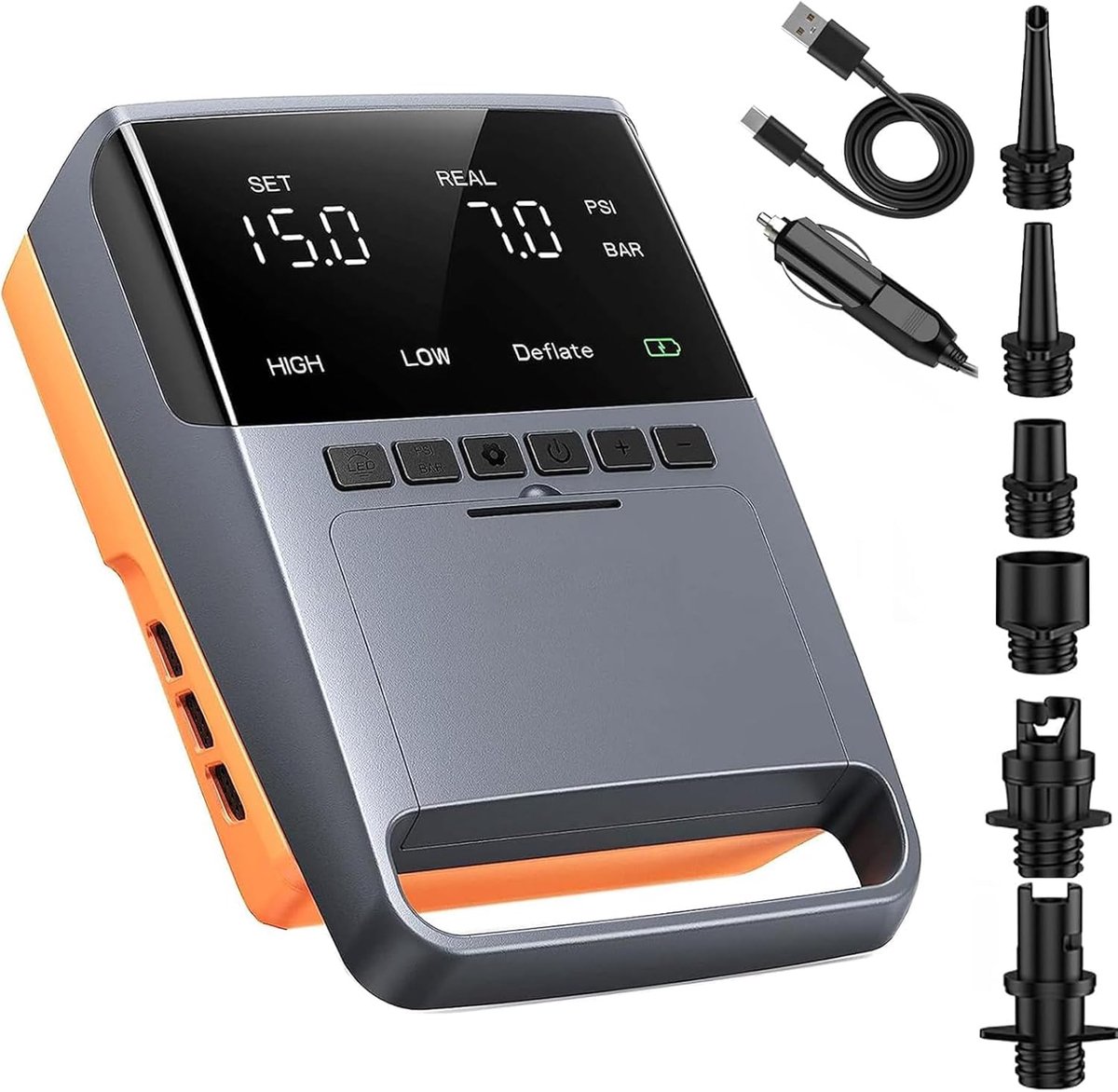 SnelShoppen - 13500mAh Elektrische SUP Pomp 20 PSI, Hoge Druk, Automatische Afsluiting, Dual Stage Inflatie & Afvoer, 6 Nozzles voor Paddleboards, Mat