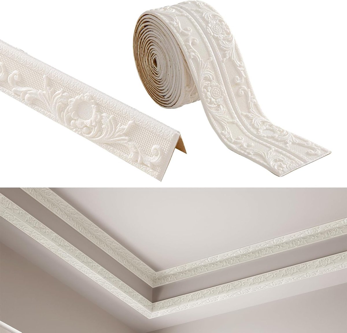 3D Stucco Wandafwerking, Zelfklevende Waterdichte Muurborder van 5 m x 10 cm x 8 mm, Decoratieve Strips voor Hoeken en Plafond in Wit