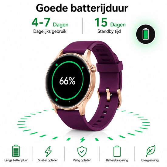 Paarse smartwatch met rosegouden kast, getoond met een batterijpercentage van 66% op het scherm.