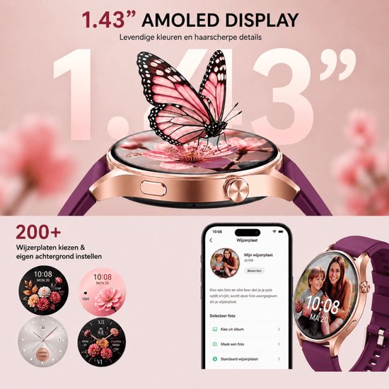 Paarse smartwatch met rosegouden kast, getoond met een vlinder en bloemen op het scherm en gedetailleerde maten.