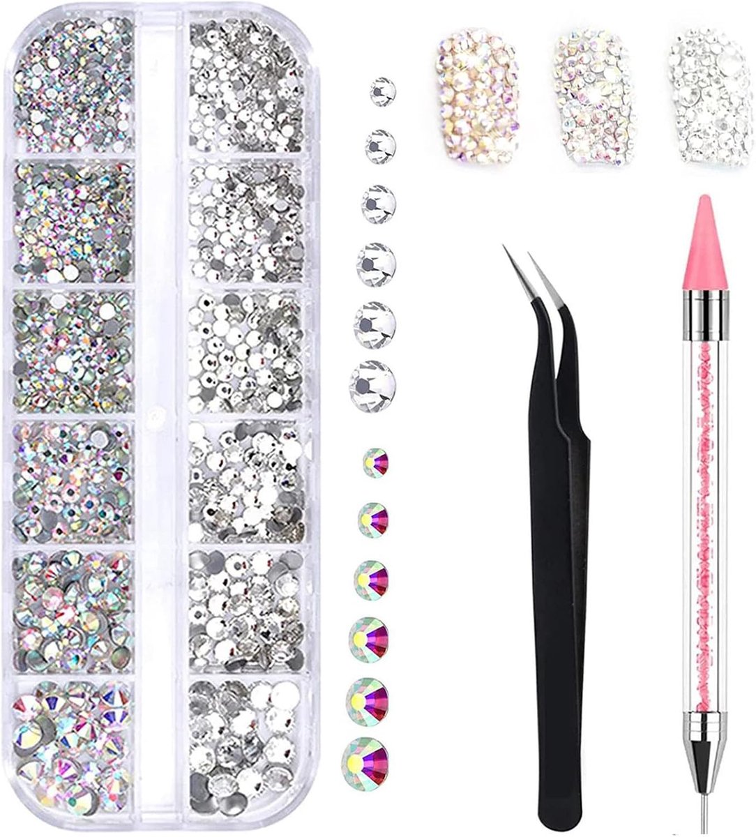 SnelShoppen - 1500 Stuks Rhinestones Set voor Nail Art, 6 Maten Glitter Steentjes met Pickup Tweezers en Dotting Pen voor DIY Nagels, Creatieve Crafts