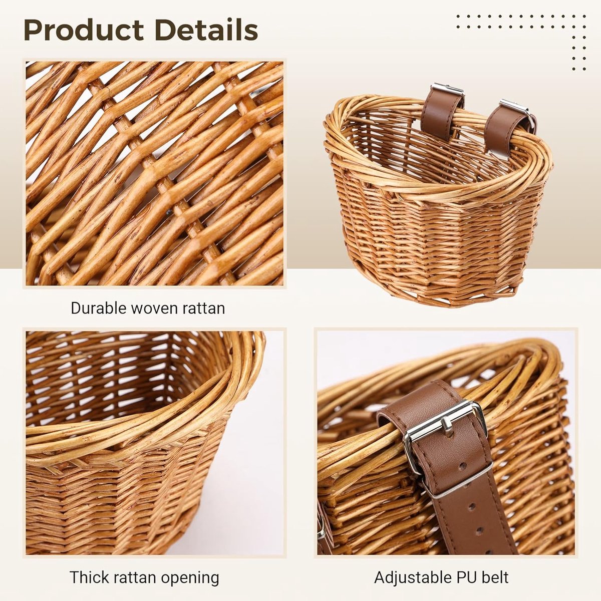 SnelShoppen - Fietsmand voor Kinderen - Handvatmand Rieten Mand met Verstelbare PU Bandjes - Weerbestendig, Handgeweven Rattan - Fietsaccessoires voor