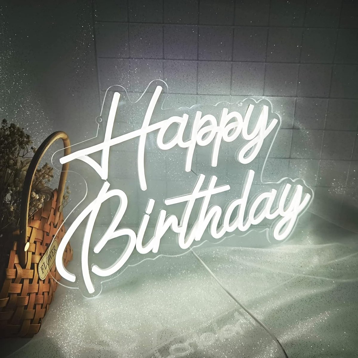 SnelShoppen - Happy Birthday Neon Logo LED Licht Decoratie - Herbruikbaar Wit Neon Verlichting voor Feest, Slaapkamer, 16.5" x 11" - USB Werking