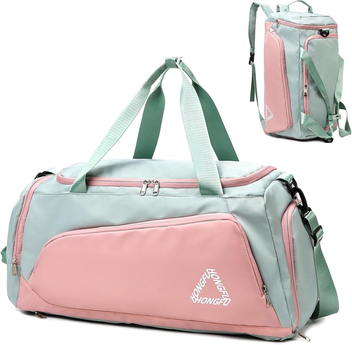 SnelShoppen - 40L Gymtas met Schoencompartiment, Grote Reisbagage, Sport Duffle Bag met Vochtzak, Weekendtas, Ziekenhuisrugzak, Groen & Roze