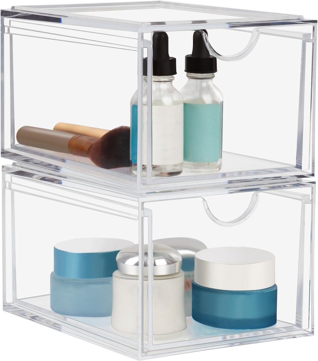 SnelShoppen - Acryl Stapelbare Organizer Lades, 2 Stuks Duidelijke Opslaglades, Cosmetica Organizer voor Dressoir, Keuken, Badkamer, Slaapkamer