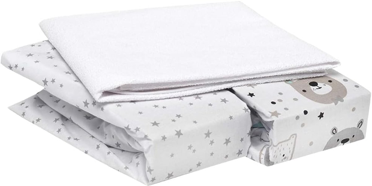 SnelShoppen - Fitted Sheet 60x120 voor Babybed - 2 Fitted Sheets + 1 Waterdichte Matrasbeschermer - 100% Katoen - Perfect voor Kinderbedden - EU Gemaa