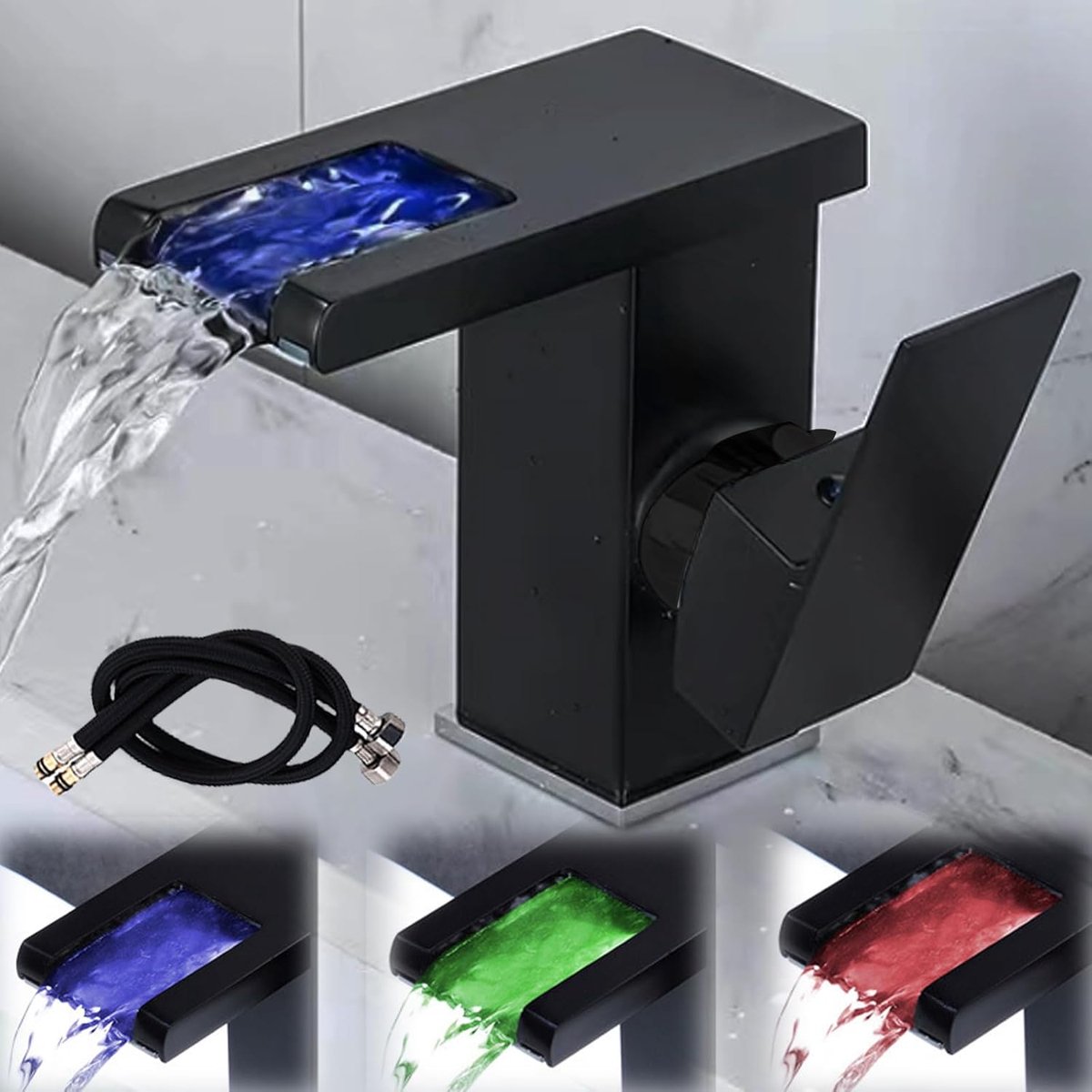SnelShoppen - Led-verlichting Badkamerkraan Zwart Watervalkraan 3 Kleuren Wastafelkraan Eengreepsmengkraan Warm en Koudwaterkraan Modern 60 cm Inclusi