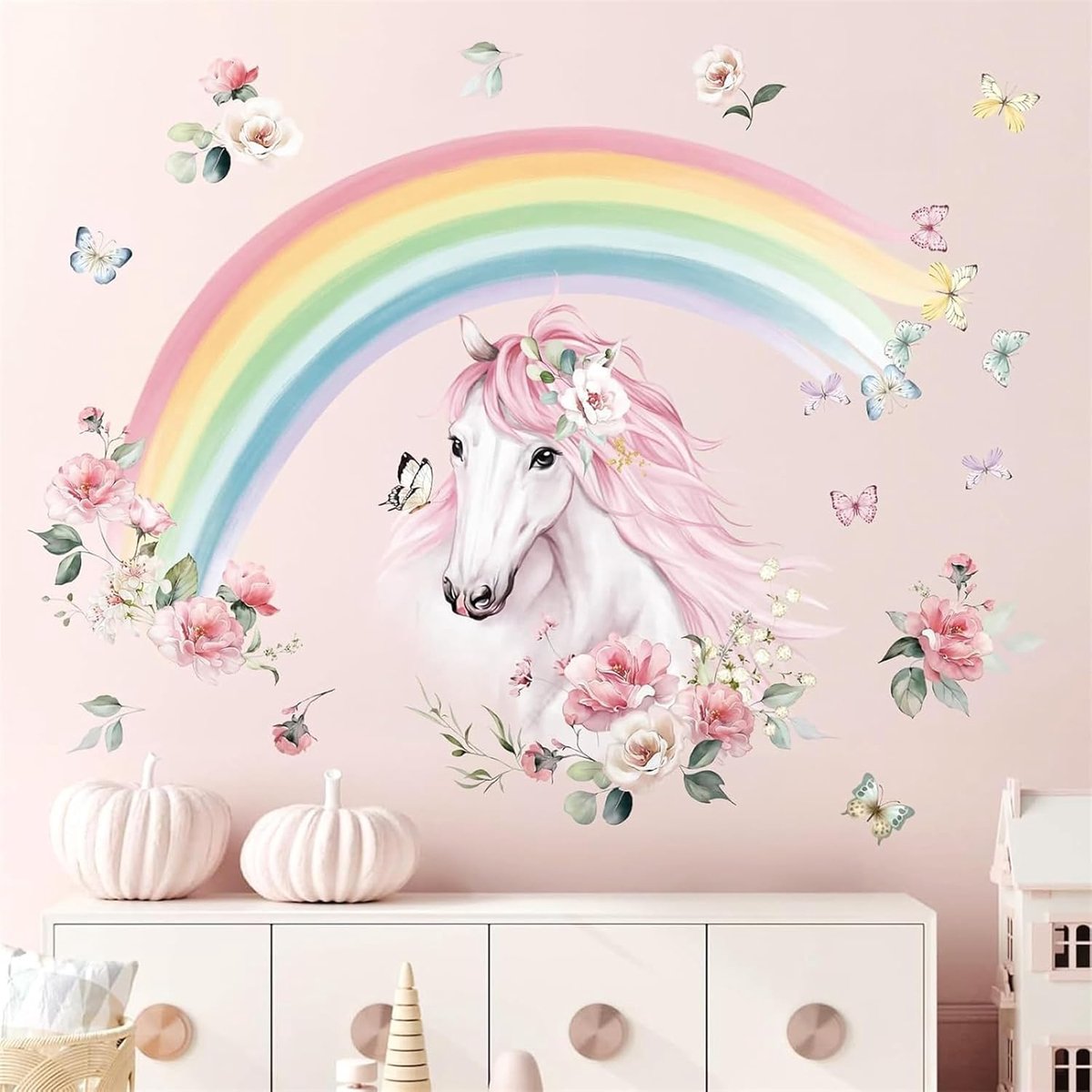 SnelShoppen - Muursticker Regenboog Grote Wandprint Paardenhoofd met Bloemen - Wanddecoratie voor Meisjes Kinderkamer Slaapkamer Woonkamer - Zelfkleve