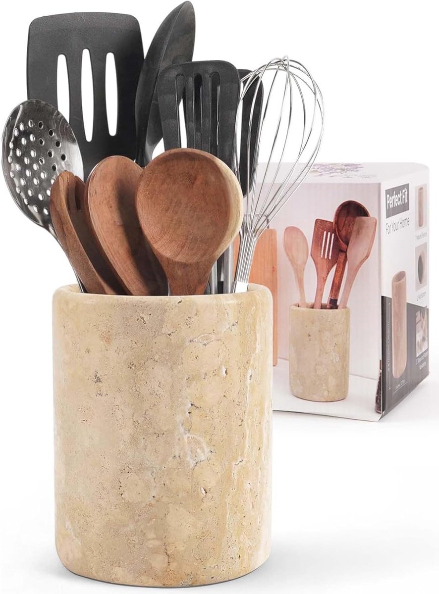 SnelShoppen - Travertine Keuken Gereedschap Houder 6.5 Inch, Moderne Caddy voor Lepels en Spatels, Natuurlijke Travertin, Organiser voor Kookgerei, Ru