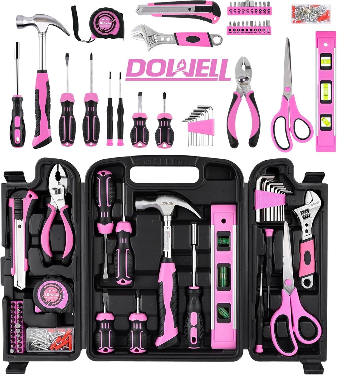 Thijox - 123-delige roze gereedschapskist voor vrouwen, meisjes en dames - Complete tool kit met stevige opbergkoffer voor huishoudelijke klussen en D