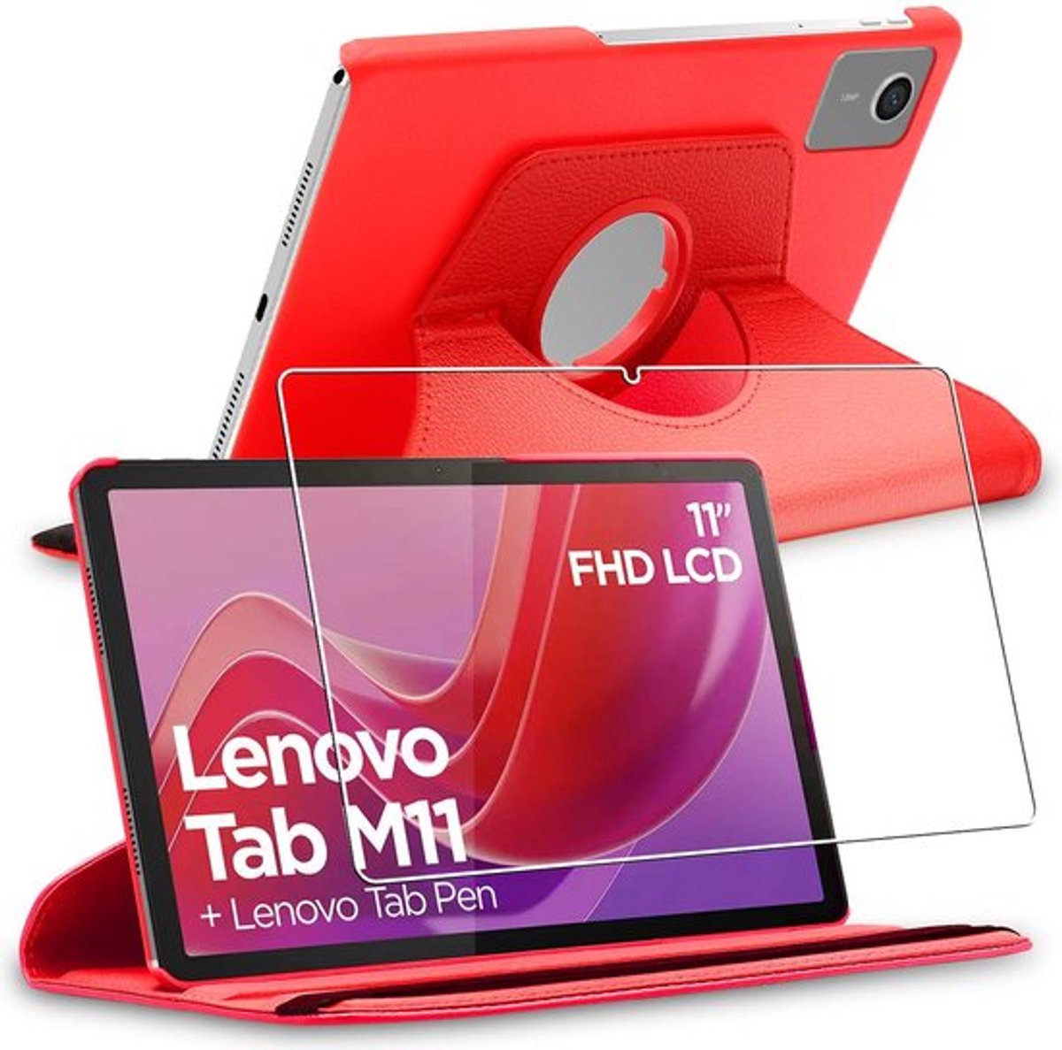 ebestStar - Hoes geschikt voor Lenovo Tab M11, Roterende Etui, Case, 360° Draaibaar hoesje, Rood + Gehard Glas