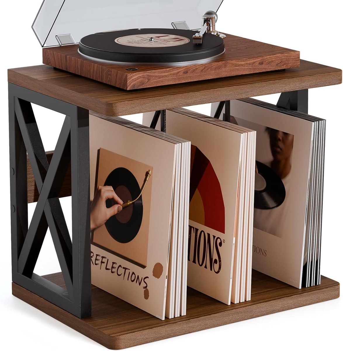 SnelShoppen - Grammofoonplaten Opbergrek voor 100+ Albums, 3 Verdiepingen, Platenrek voor Muziekkamer en Woonkamer, Compact 40 x 34 x 32 cm, Elegant D
