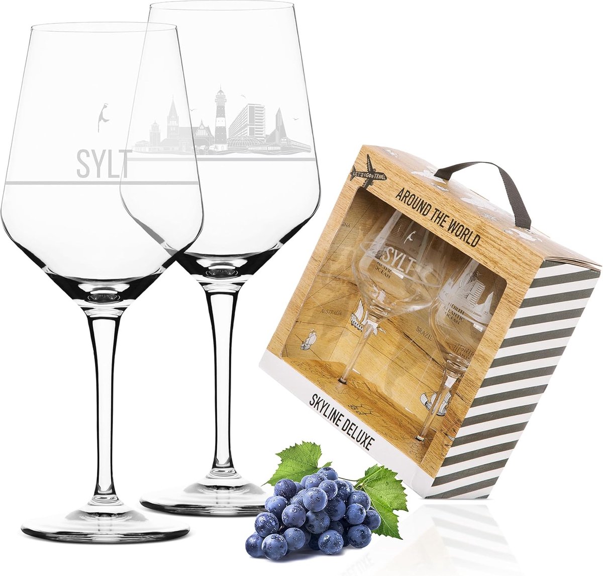 SnelShoppen - Set van 2 Sylt wijnglazen in cadeauverpakking, hoogwaardig etnisch wit, gedetailleerde gravure, cadeau-idee voor Moederdag, Vaderdag, Ve