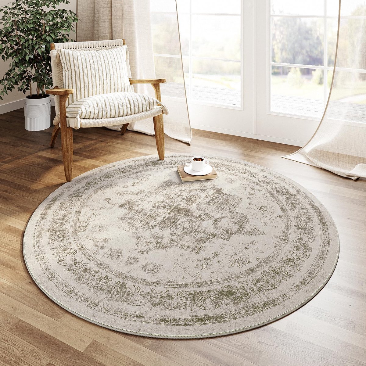 SnelShoppen - Vintage Rond Tapijt Taupe 120cm - Antislip, Machinewasbaar, Korte Pool - Perfect voor Keuken, Woonkamer, Slaapkamer, Kantoor, Kinderen