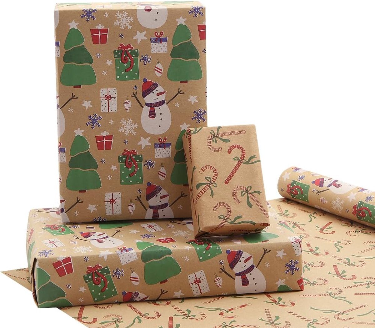 SnelShoppen - Sneeuwman Kerst Inpakpapier Rol Dubbelzijdig Vintage Merry Christmas Kraft Geschenkverpakking 43x300cm - Perfect voor Feestdagen, Cadeau
