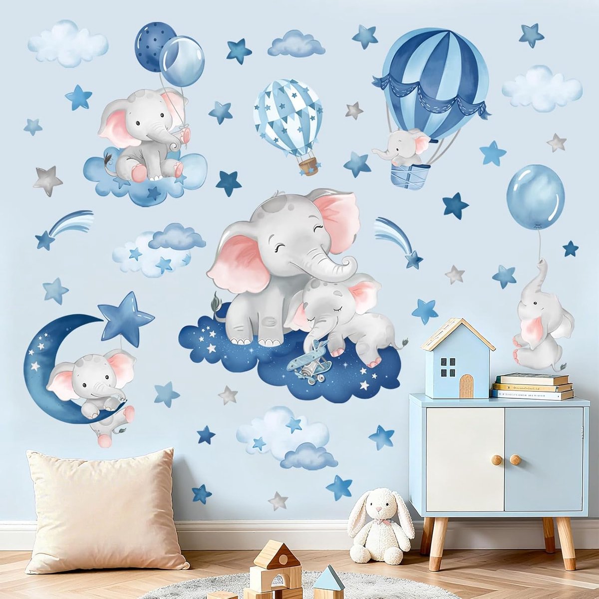 SnelShoppen - Wandstickers Olifant Slaapkamer Blauw Maan Luchtballon Sterren en Wolken voor Kinderen Babykamer Geboorte Decoratie