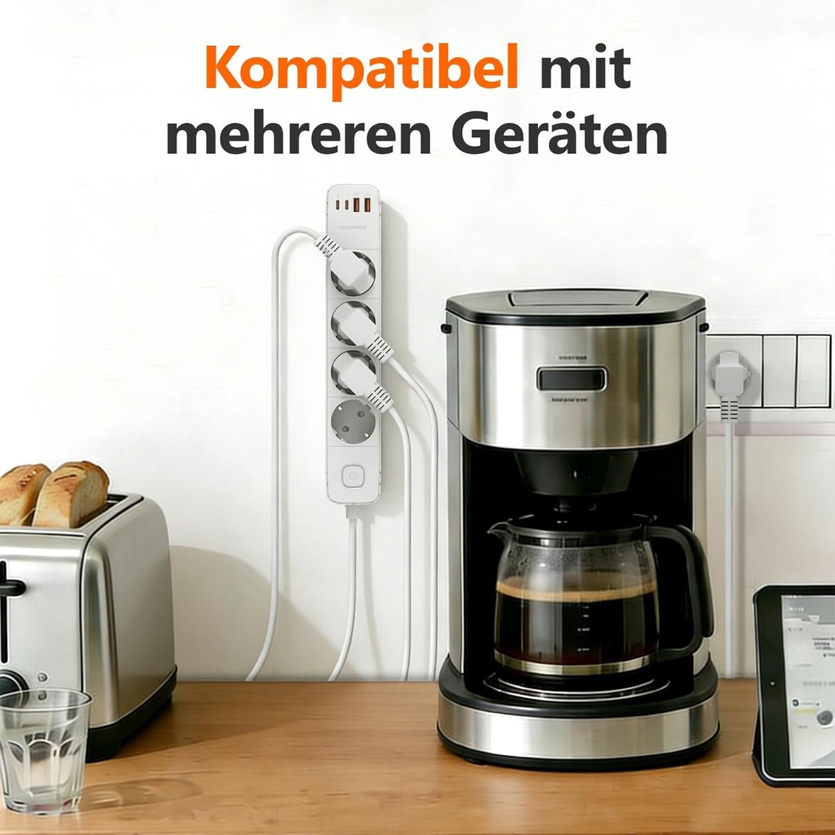 Thijox - Stekkerdoos met 4 Stopcontacten en 2 USB-C Poorten, 20W PD, Overspanningsbeveiliging, 1,9m Kabel, Ideaal voor Thuis, Kantoor en Reizen