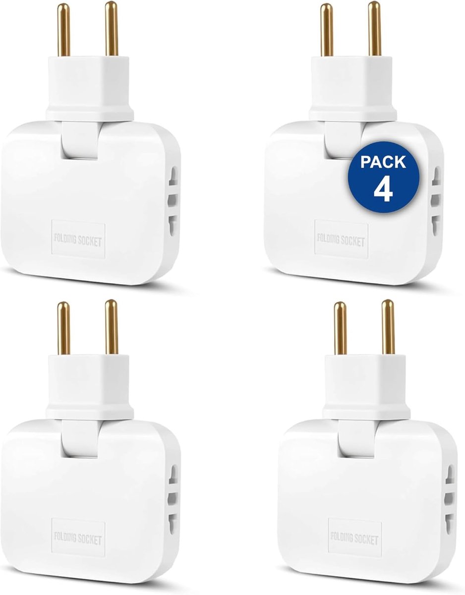 SnelShoppen - Pack van 4 Meerdere Stopcontacten, 3-in-1 Compacte Wandcontactdoos met Platte Stekker, 3 Wandstopcontacten + Adapter 16A 250V, Ruimtebes