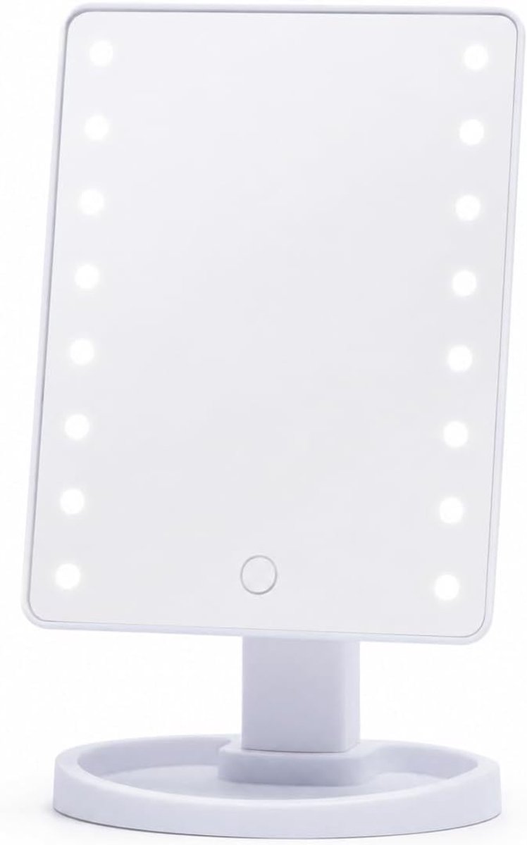 SnelShoppen - Rectangulaire LED Make-up Spiegel Tiltable 180° – Dimbare Touch Koud Licht Tafel Spiegel met Accessoire Houder – 26.5 x 17 x 12 cm – Wit