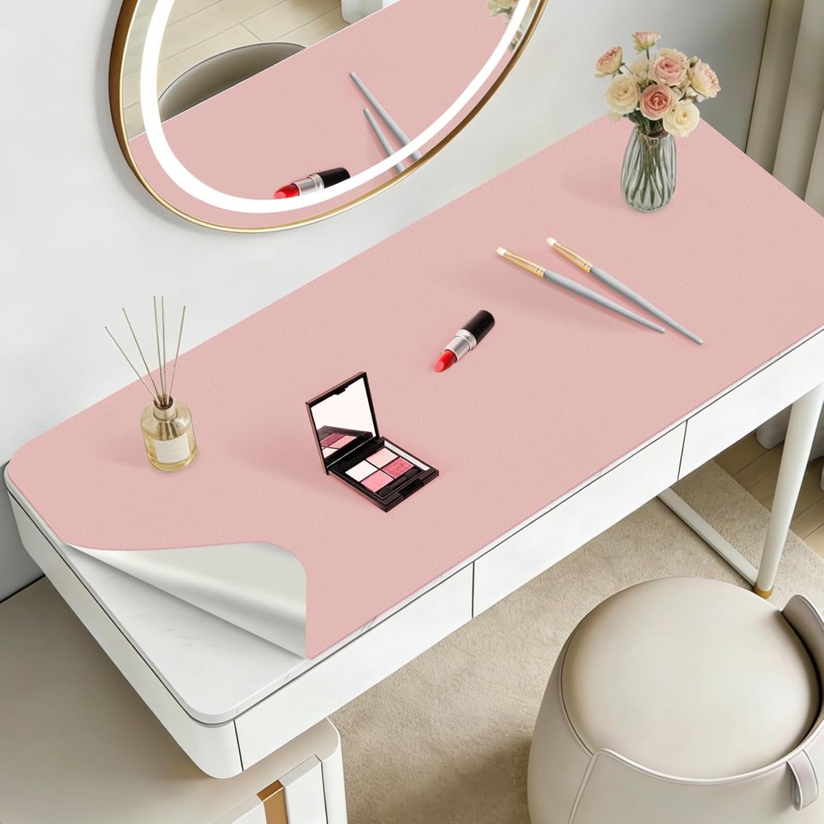 SnelShoppen - Kaptafelmat 30x60 cm - Dubbelzijdige Lederen Make-upmat - Waterdicht en Oliebestendig - Roze Bureauonderlegger voor Cosmetica - Ideaal v