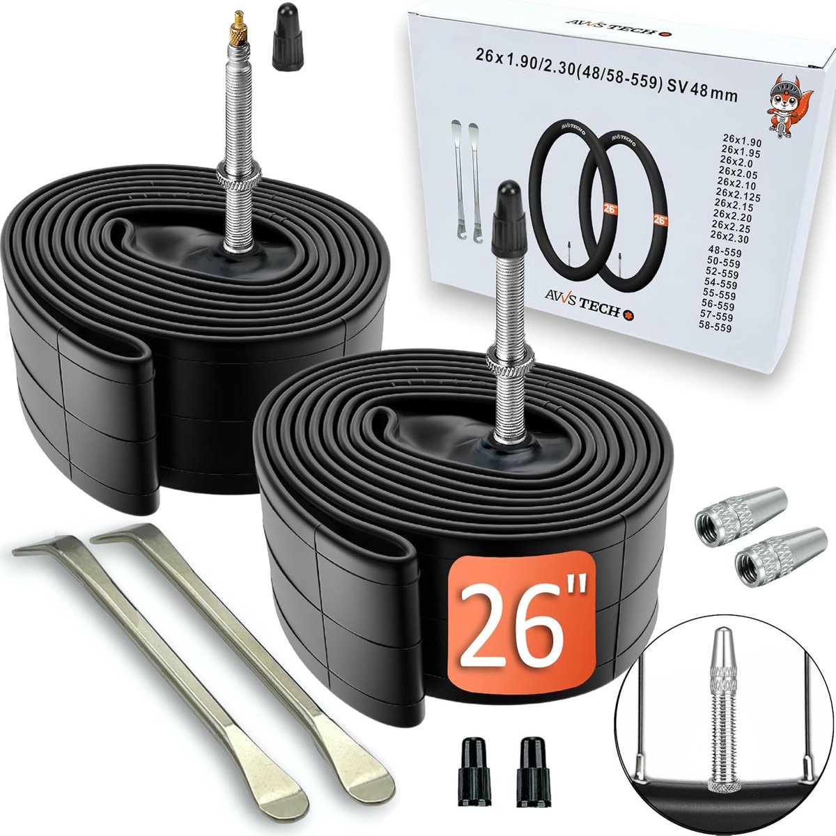 SnelShoppen - Fietsbinnenband 26 inch set | Voor AV SV DV ventielen | 26x1.90 tot 26x2.30 | Mountainbike MTB Trekking City | Inclusief montagehendel &