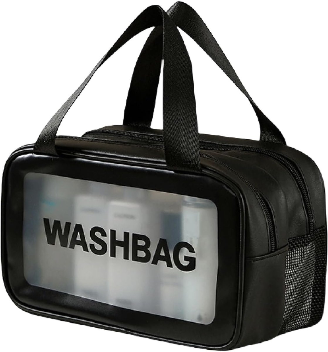 SnelShoppen - Wash Bag, Toilettas met Wet en Dry Scheiding, Mesh Make-up Tas, Waterdichte PVC Reistas, Toilettas voor Reizen, Zwart, M, Compact en Han