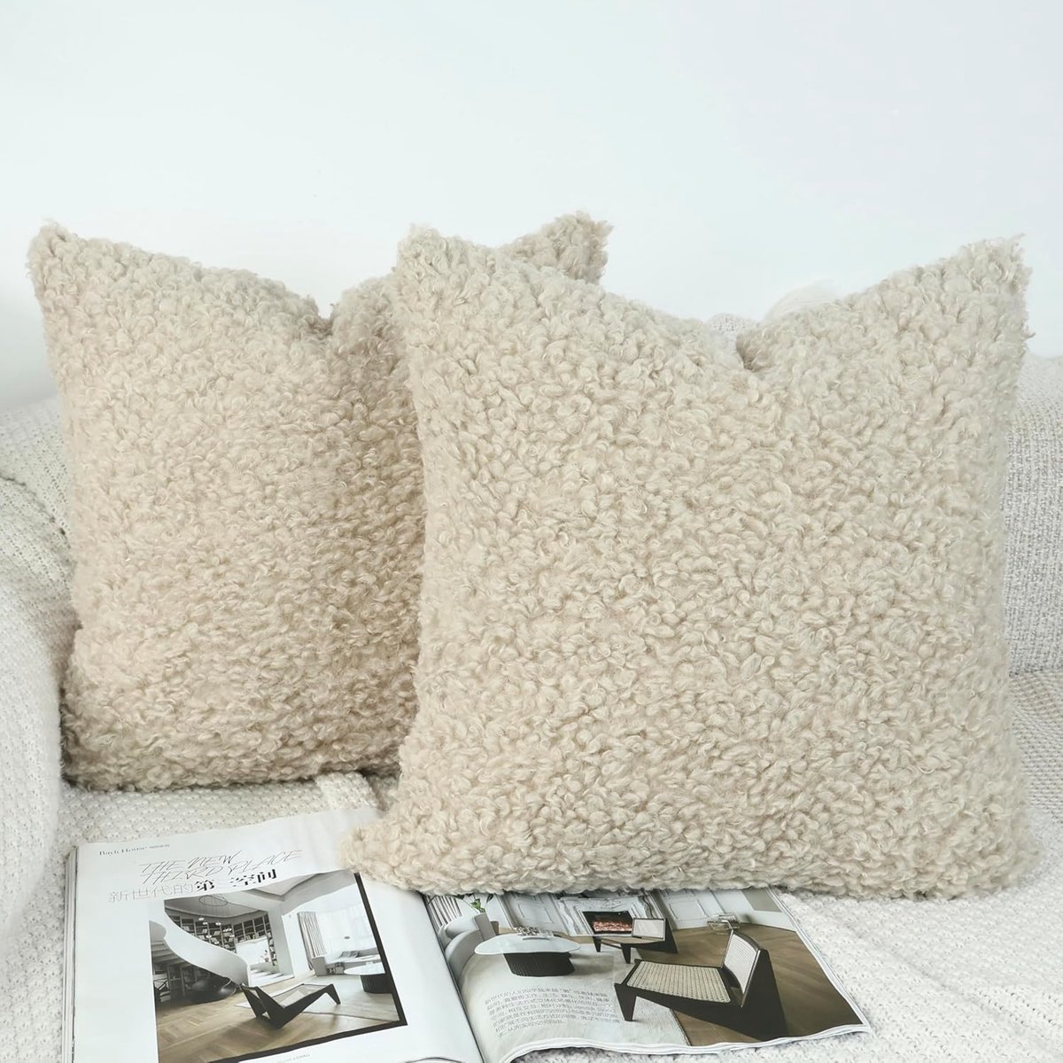 SnelShoppen - Set van 2 Oatmeal Kussenslopen 45x45 cm - Fluffy Faux Fur Kussenhoezen - Neutrale Decoratieve Kussens voor Modern Farmhouse Interieur