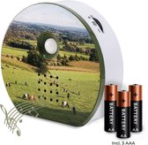 Ronde witte diffuser met landschapsafbeelding, luidsprekergaatjes, bewegingssensor en 3 AAA-batterijen.