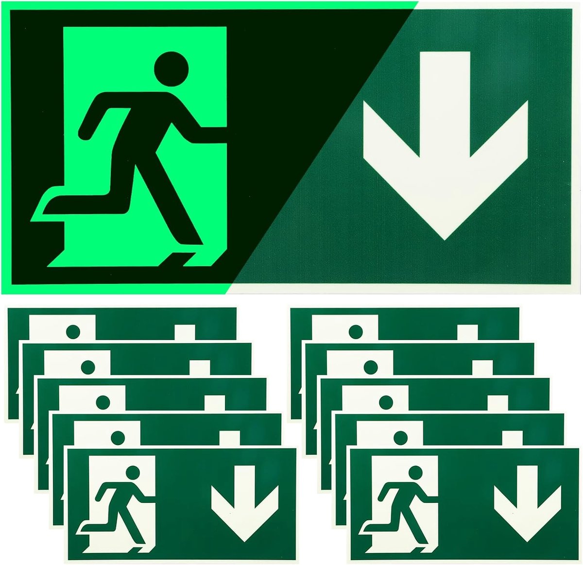 SnelShoppen - 10 x Photoluminescent Emergency Exit Sign - Glow in the Dark Vluchtroute Pijl Beneden 300x150mm PVC Zelfklevend - Duurzaam en Weerbesten