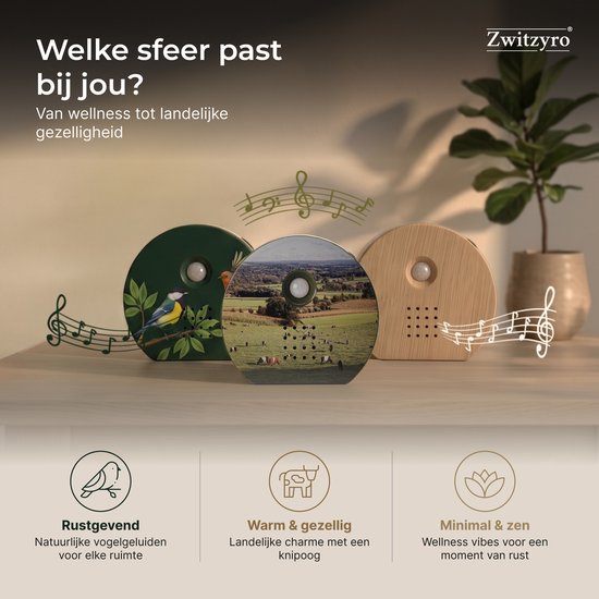 Drie Zwitzyro's: één met vogel, één met landschap en één van hout, die verschillende sferen creëren.