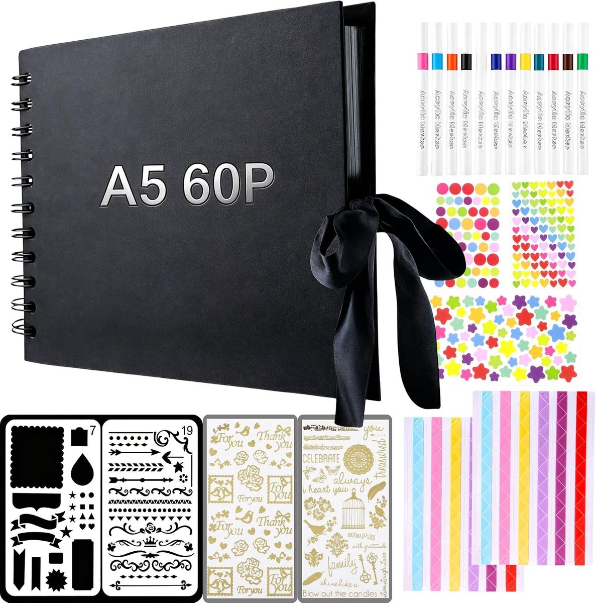 SnelShoppen - DIY Fotoalbum A5 met 60 Zwarte Pagina's, Scrapbook Set voor Baby, Verjaardag, Trouwdag, Jubileum, Inclusief Metallic Stiften en Stickers