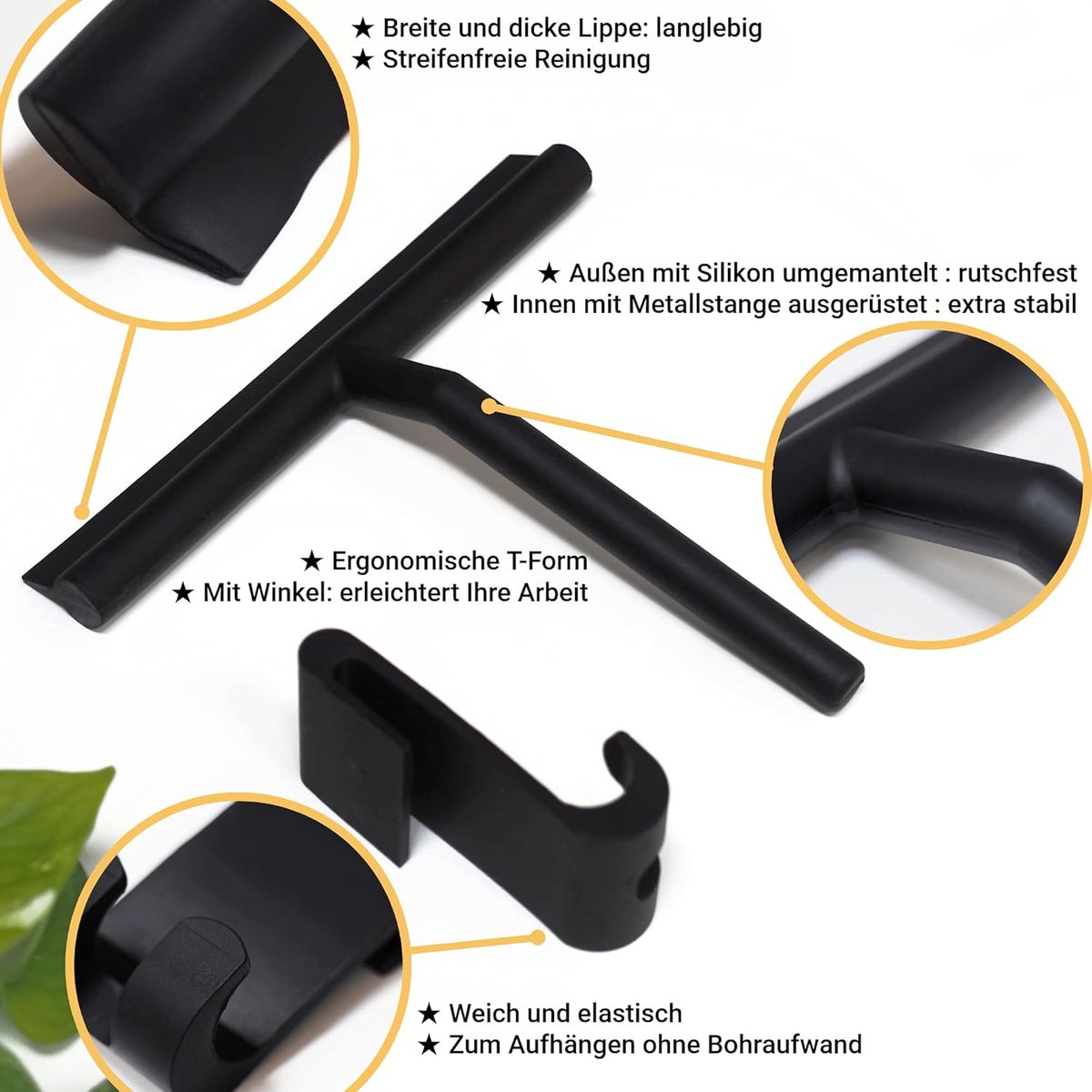 SnelShoppen - Shower Wiper Silicone Set met Wandbevestiging, Stijlvolle Ruitenwisser voor Douche, Keuken, Spiegel en Auto, RVS Kern, Zwart Matt