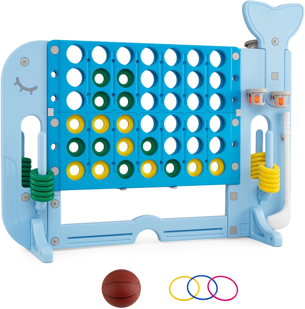COSTWAY 4-in-1 Vier op een Rij in Walvisvorm, 4 op een Rij XXL in hoogte verstelbaar | Vier op een Rij Spel met Basketbal, Ringwerpen & Minigolf, Jumbo Bordspellen Buitenshuis voor Kinderen, Volwassenen, Blauw